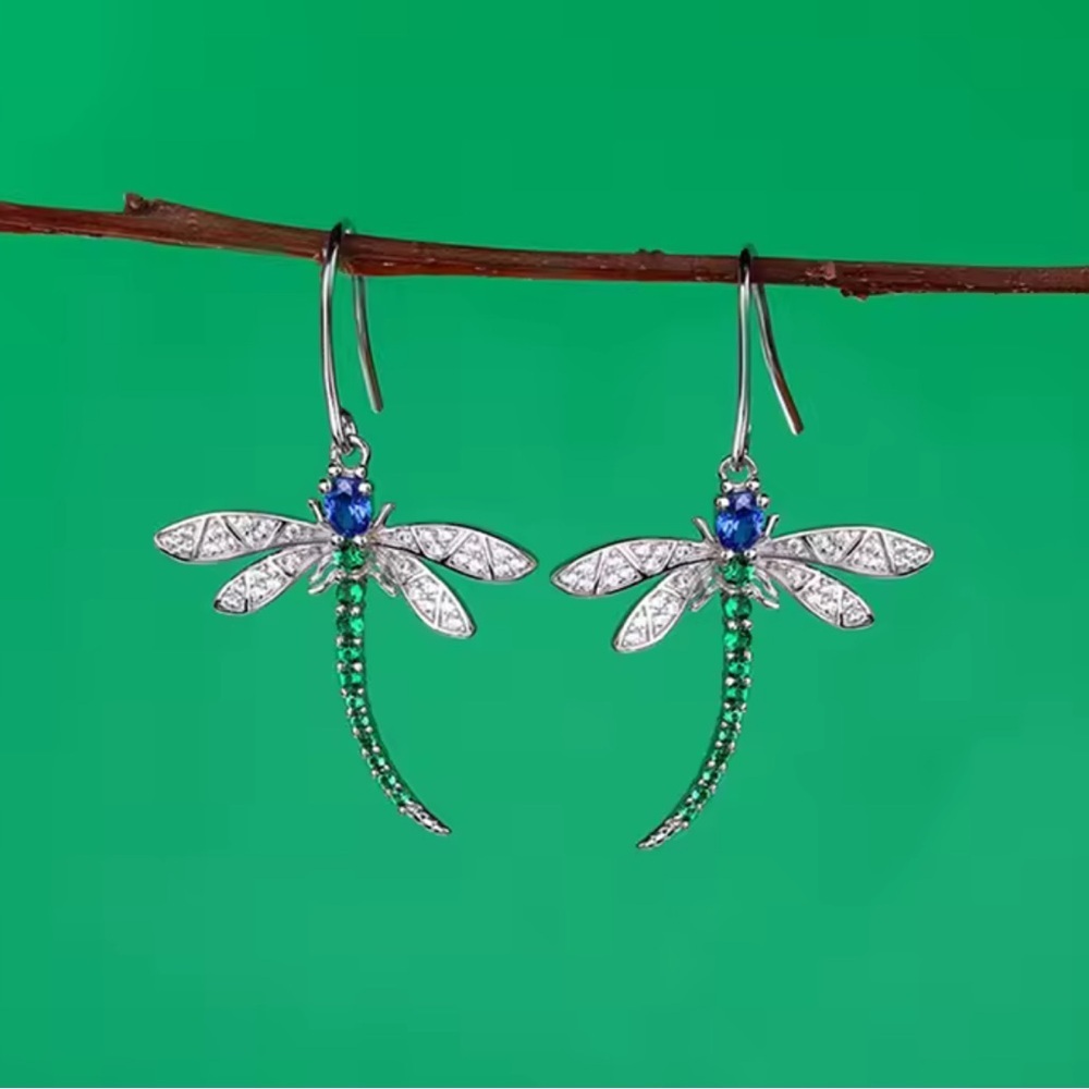 Emerald Green Dragonfly Dangle Earrings - Picture 3 of 10